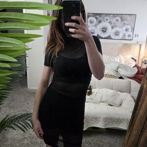 NWT 3-Piece Black Mesh Ruched Bodycon Dress Set w/Crop Top/Shorts (Says M But S)